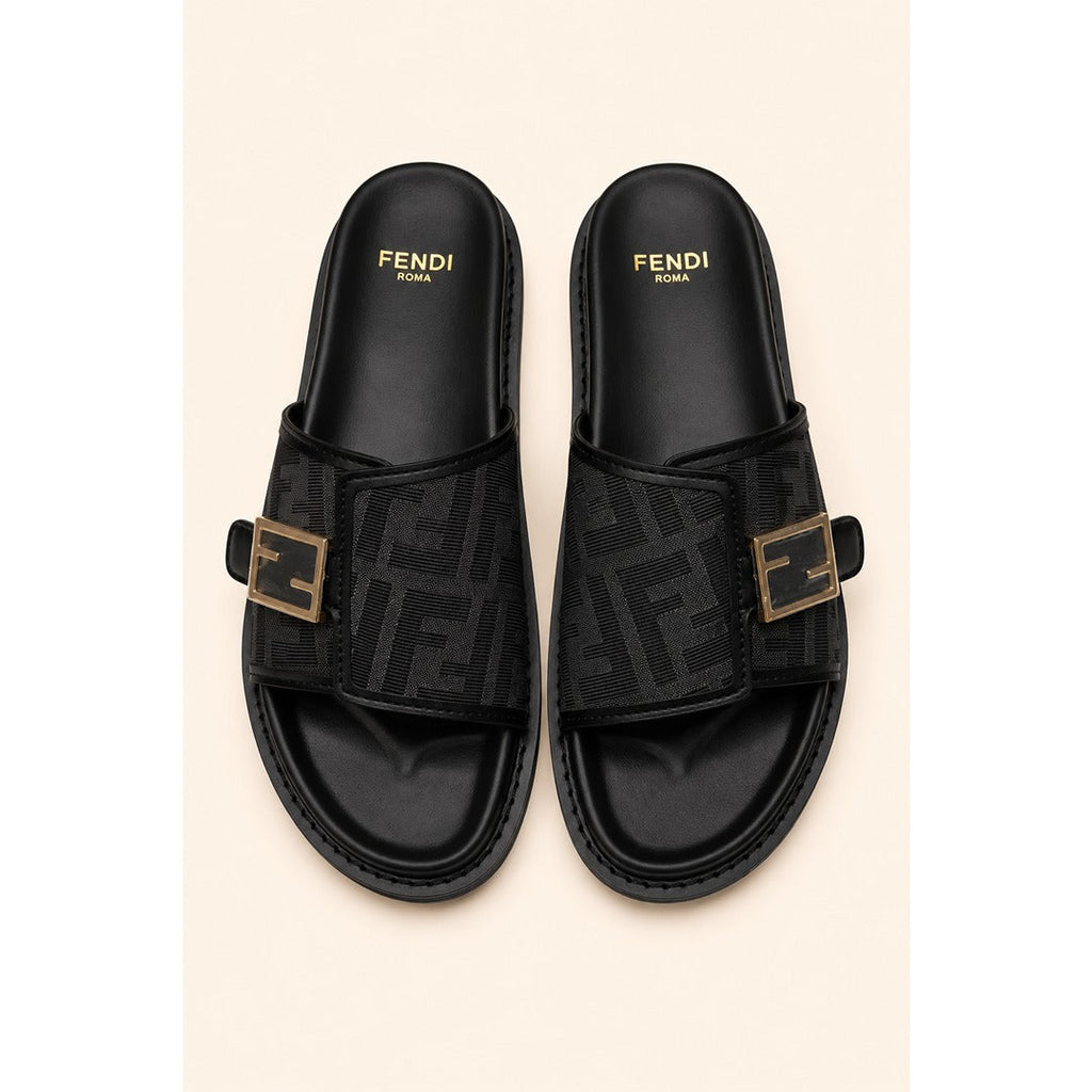 FENDI FEEL GREY BLACK FF BUCKLE EMBOSSED SANDAL