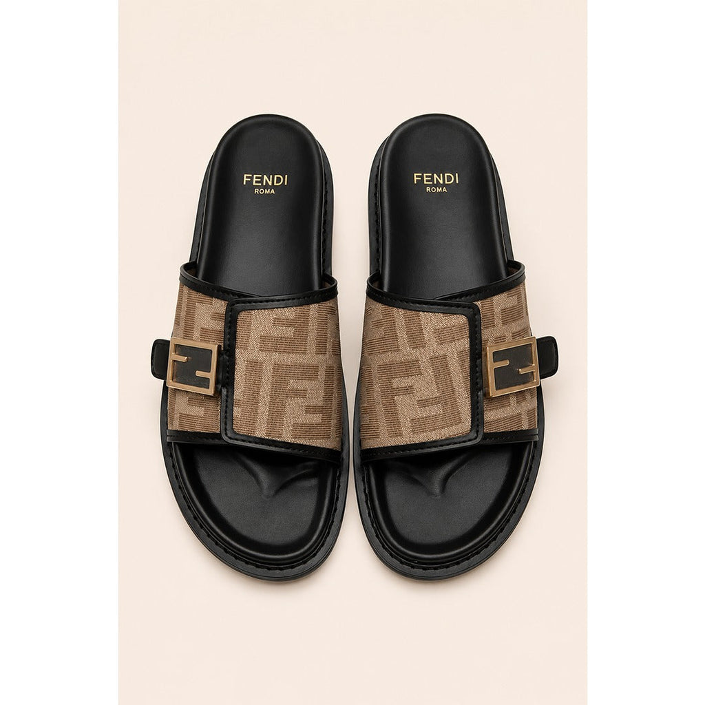 FENDI FEEL BLACK BROWN FF BUCKLE EMBOSSED SANDAL