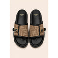 FENDI FEEL BLACK BROWN FF BUCKLE EMBOSSED SANDAL
