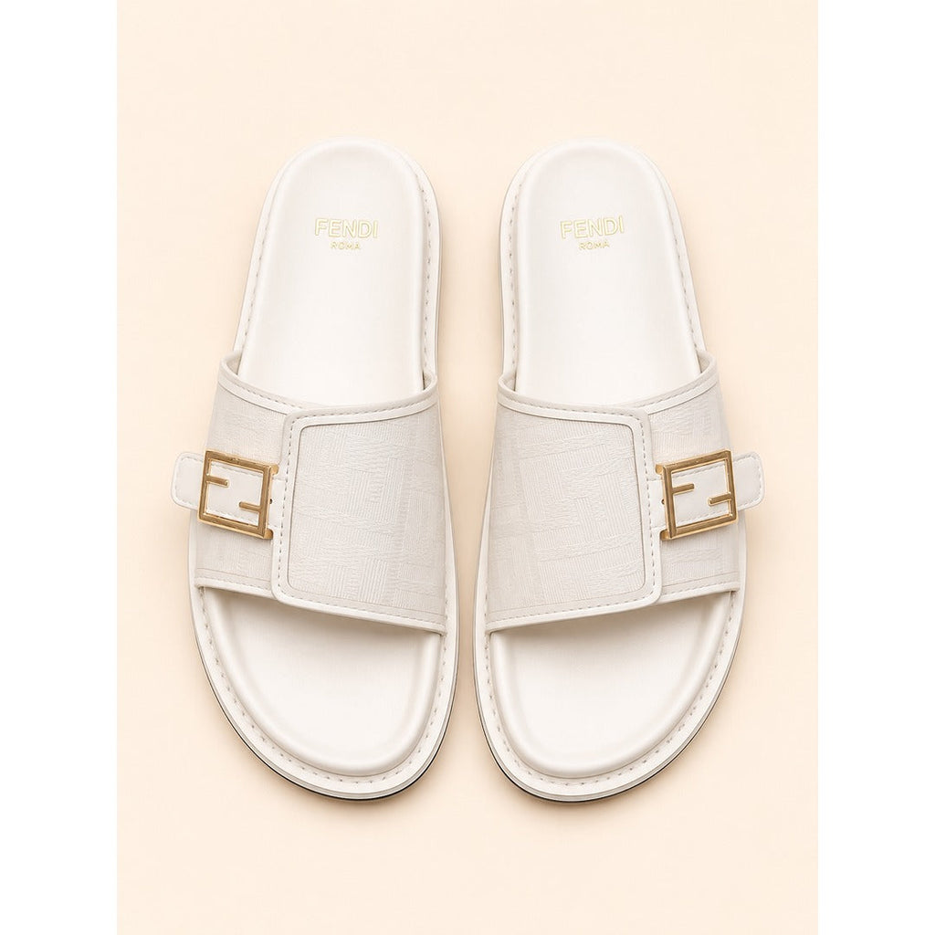 FENDI FEEL WHITE FF BUCKLE EMBOSSED SANDAL