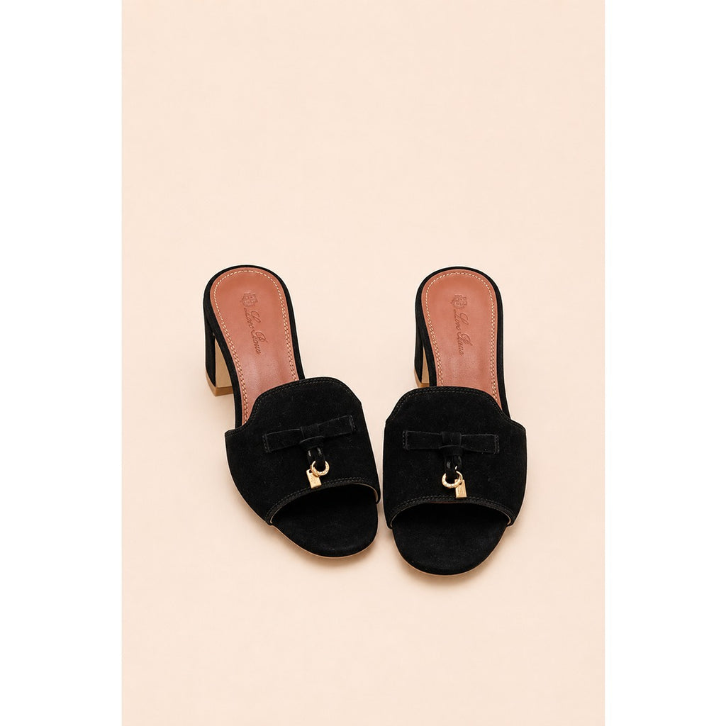 LORO PIANA SUEDE BLACK HEEL MULE SANDAL FOR WOMEN