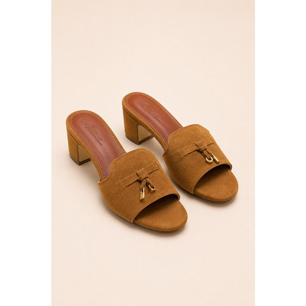LORO PIANA SUEDE CAMEL HEEL MULE SANDAL FOR WOMEN