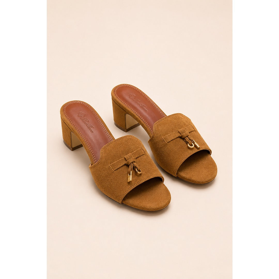 LORO PIANA SUEDE CAMEL HEEL MULE SANDAL FOR WOMEN