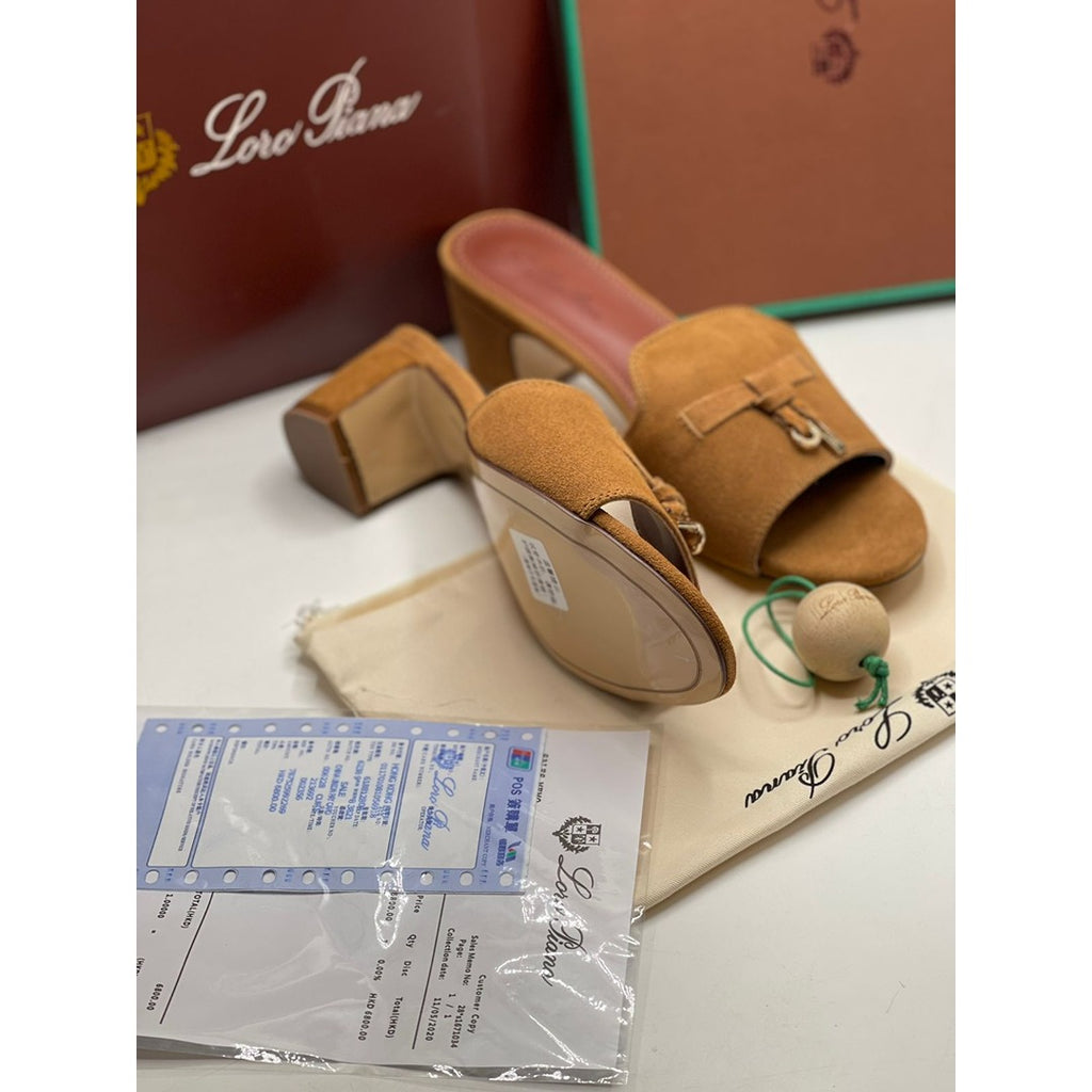 LORO PIANA SUEDE CAMEL HEEL MULE SANDAL FOR WOMEN