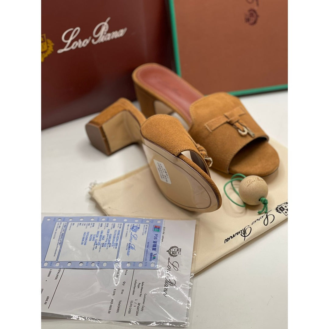 LORO PIANA SUEDE CAMEL HEEL MULE SANDAL FOR WOMEN
