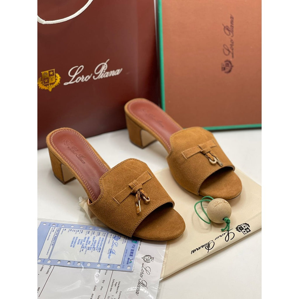 LORO PIANA SUEDE CAMEL HEEL MULE SANDAL FOR WOMEN
