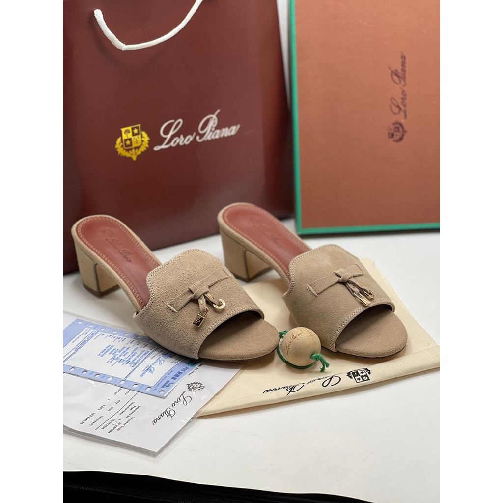 LORO PIANA SUEDE BEIGE HEEL MULE SANDAL FOR WOMEN