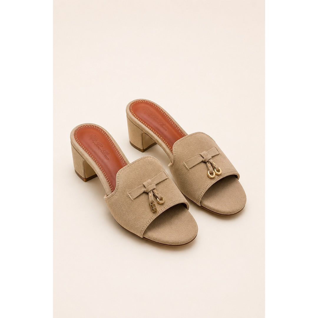 LORO PIANA SUEDE BEIGE HEEL MULE SANDAL FOR WOMEN