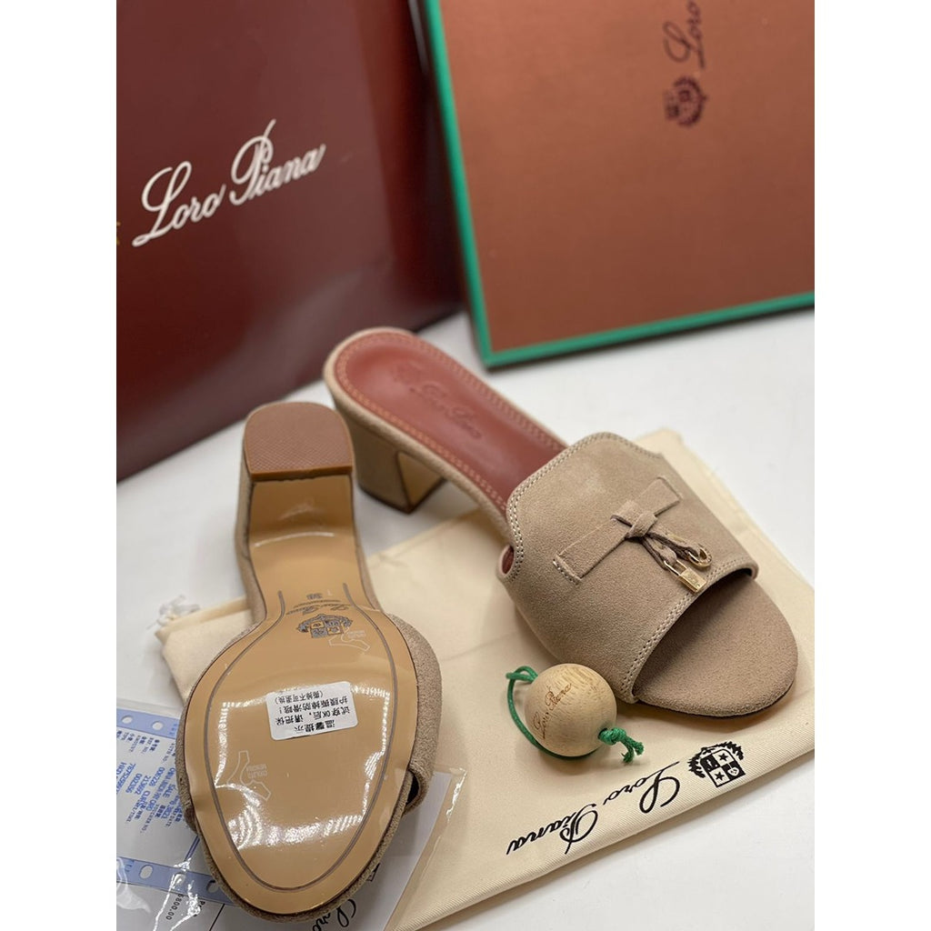 LORO PIANA SUEDE BEIGE HEEL MULE SANDAL FOR WOMEN