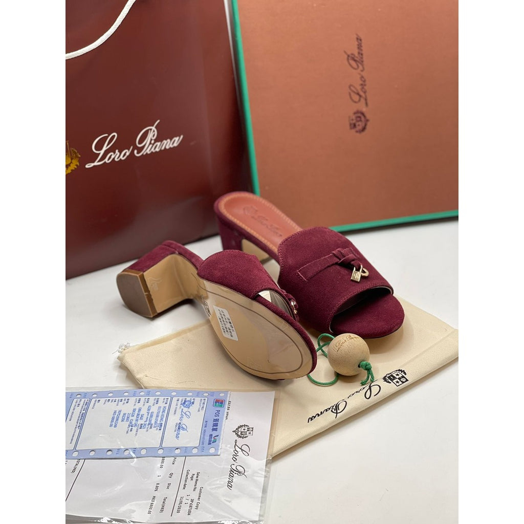 LORO PIANA SUEDE BURGUNDY HEEL MULE SANDAL FOR WOMEN