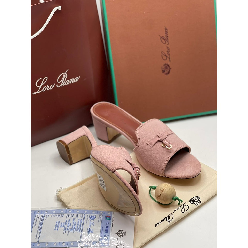LORO PIANA SUEDE DUSTY PINK HEEL MULE SANDAL FOR WOMEN
