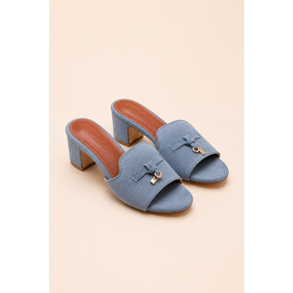 LORO PIANA SUEDE DUSTY BLUE HEEL MULE SANDAL FOR WOMEN
