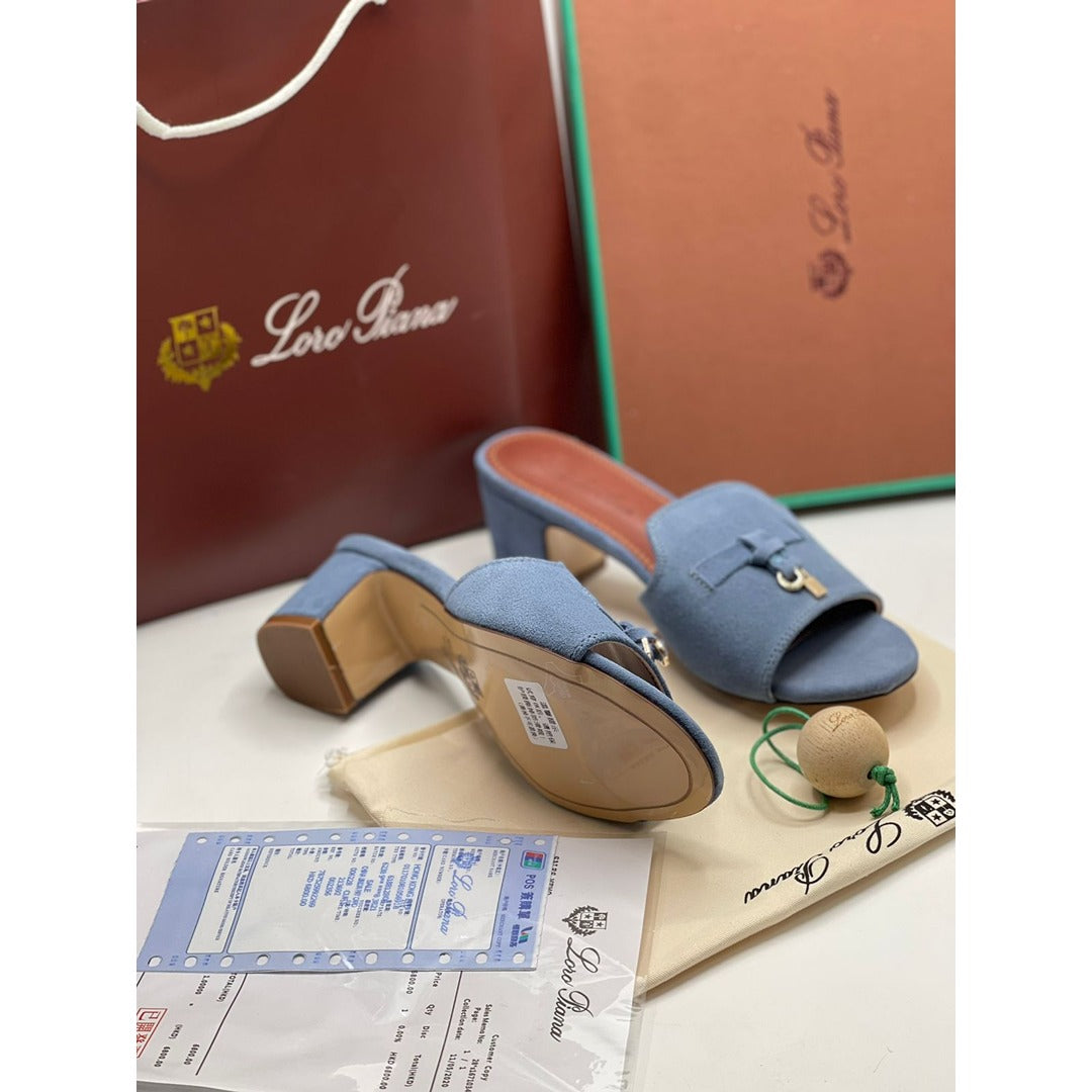 LORO PIANA SUEDE DUSTY BLUE HEEL MULE SANDAL FOR WOMEN