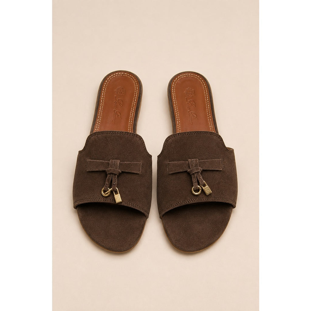 LORO PIANA SUEDE BOW FLAT SANDAL CHOCOLATE BROWN FOR WOMEN