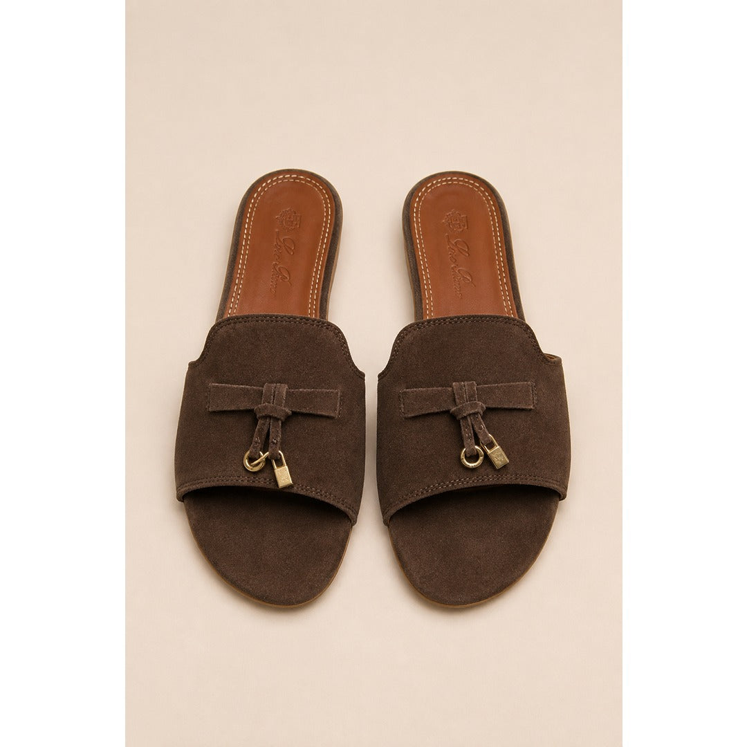 LORO PIANA SUEDE BOW FLAT SANDAL CHOCOLATE BROWN FOR WOMEN