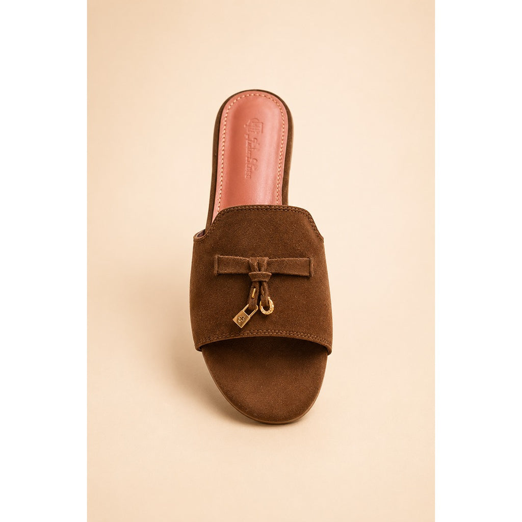 LORO PIANA SUEDE BOW FLAT SANDAL CHOCOLATE BROWN FOR WOMEN