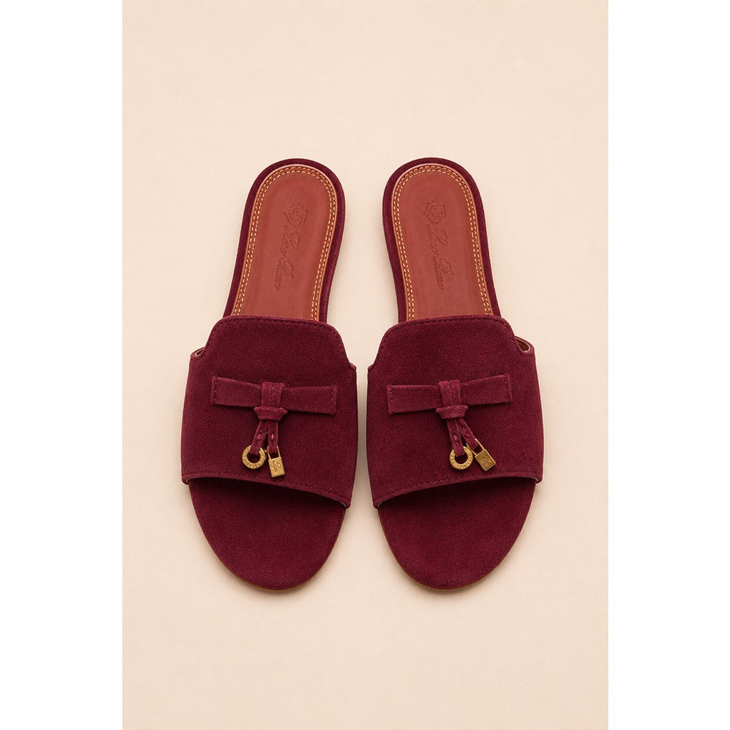 LORO PIANA SUEDE BOW FLAT SANDAL WINE FOR WOMEN