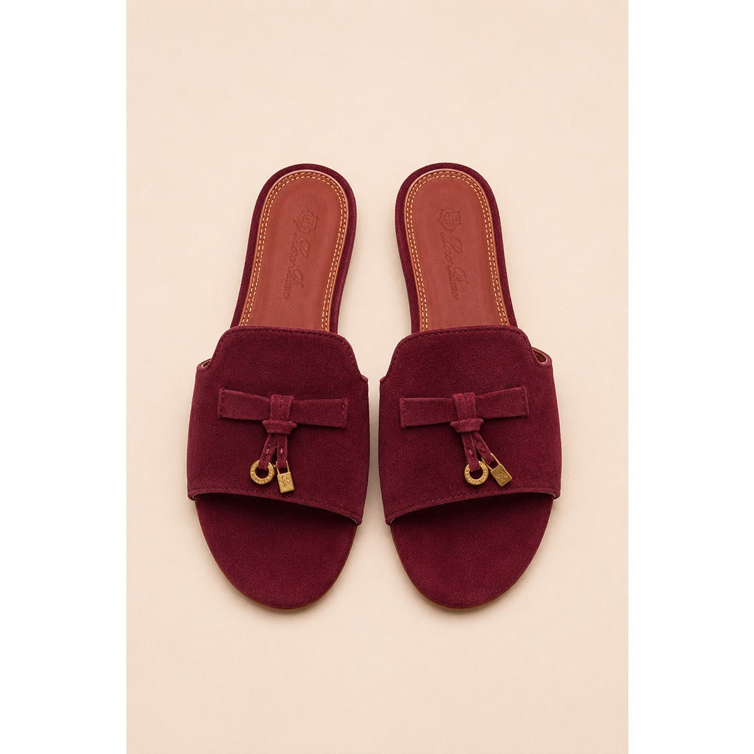 LORO PIANA SUEDE BOW FLAT SANDAL WINE FOR WOMEN