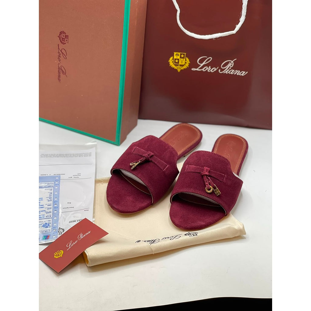 LORO PIANA SUEDE BOW FLAT SANDAL WINE FOR WOMEN