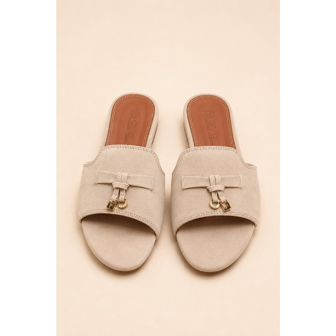 LORO PIANA SUEDE BOW FLAT SANDAL BEIGE FOR WOMEN