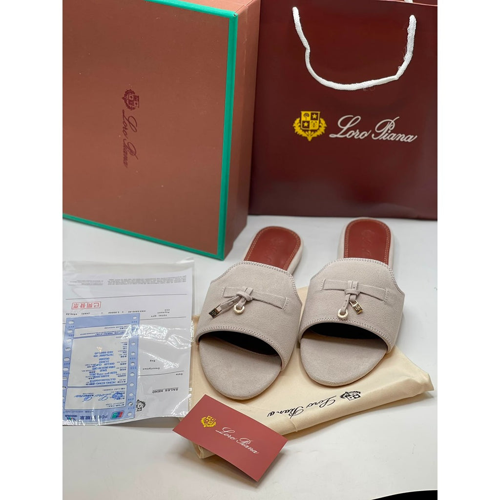 LORO PIANA SUEDE BOW FLAT SANDAL BEIGE FOR WOMEN