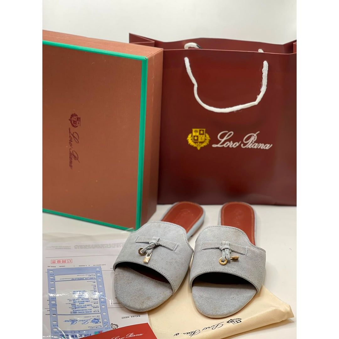 LORO PIANA SUEDE BOW FLAT SANDAL GREY FOR WOMEN