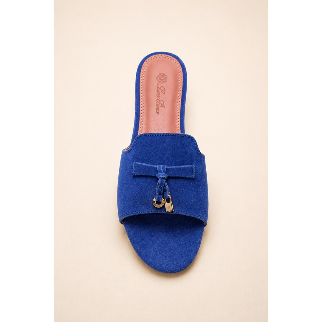 LORO PIANA SUEDE BOW FLAT SANDAL ROYAL BLUE FOR WOMEN