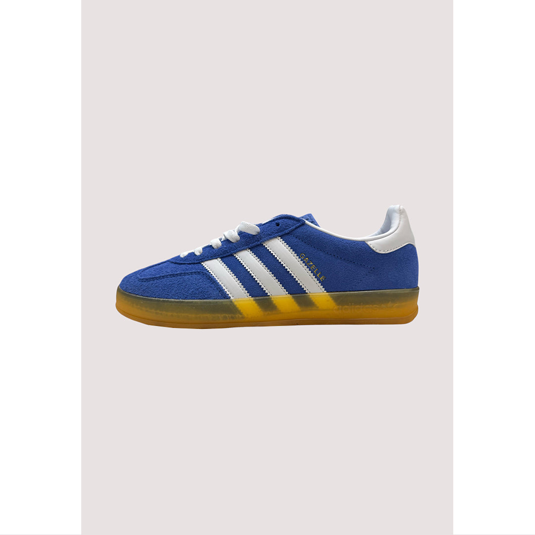ADIDAS GAZELLE INDOOR INDIGO BLUE SUEDE WHITE WITH GOLDEN GUM SOLE