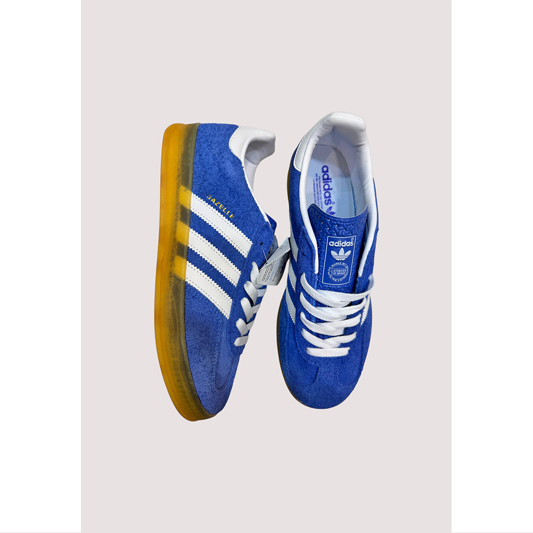 ADIDAS GAZELLE INDOOR INDIGO BLUE SUEDE WHITE WITH GOLDEN GUM SOLE