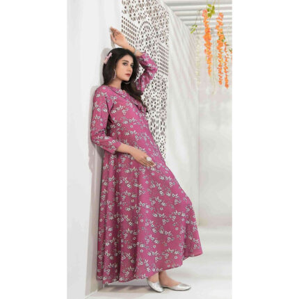 Mexican Pink Digital Printed Long Dress Tawakkal fabric Maxi