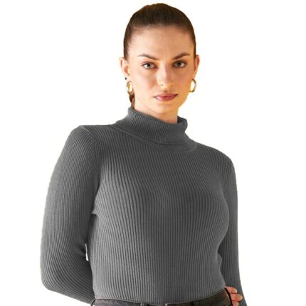 Grey Ribbed Basic High Neck