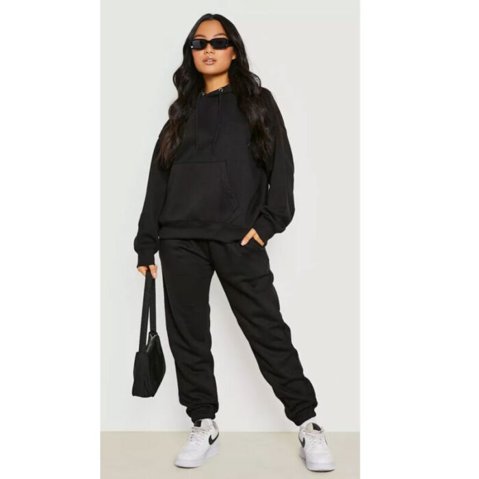 Black Basic Fleece Kangaroo Hoodie Skinny Trouser Suit