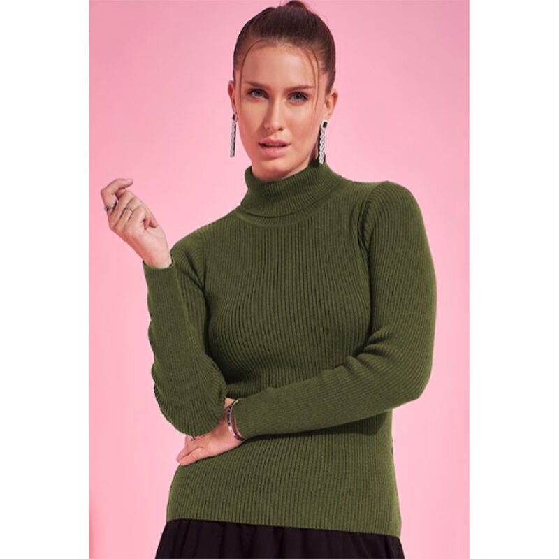 Olive HighNeck Ribbed Long Sleeves