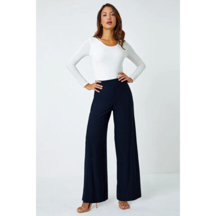 Bershka Navy High Rise Wide Leg Trouser