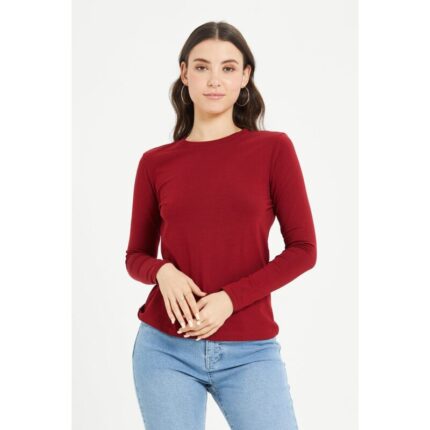 Red Basic Round Neck Long Sleeves T Shirt