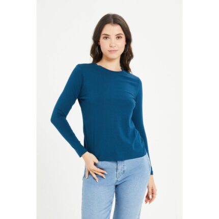 Teal Blue Basic Round Neck Long Sleeves T Shirt