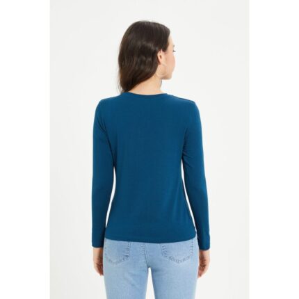 Teal Blue Basic Round Neck Long Sleeves T Shirt