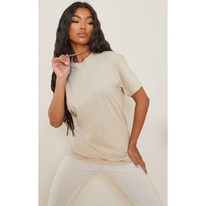 Sand Oversized Basic Round Neck T-Shirt