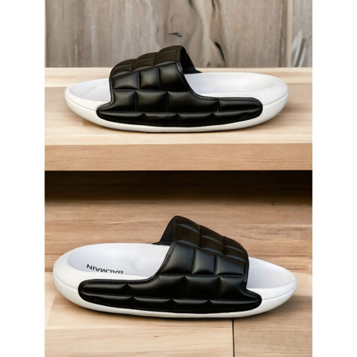 BALMAIN BLACK SQUARE & WHITE PUFFY SLIDES