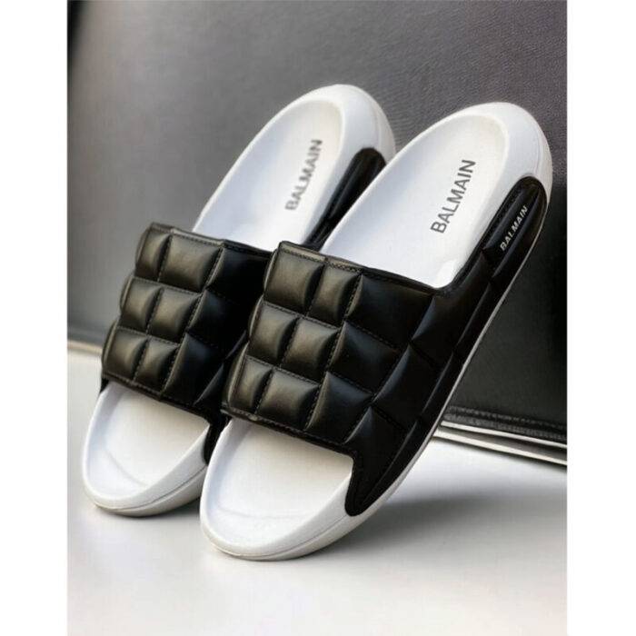 BALMAIN BLACK SQUARE & WHITE PUFFY SLIDES