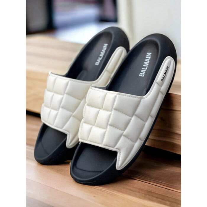 BALMAIN WHITE SQUARE & BLACK PUFFY SLIDES