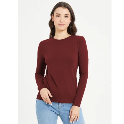 Maroon Basic Round Neck Long Sleeves T Shirt